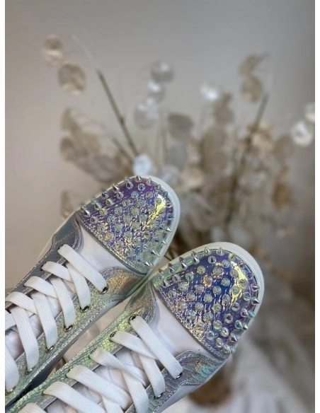 Fake Christian Louboutin Lou Spikes High-top Sneakers Metallic Leather White Silver