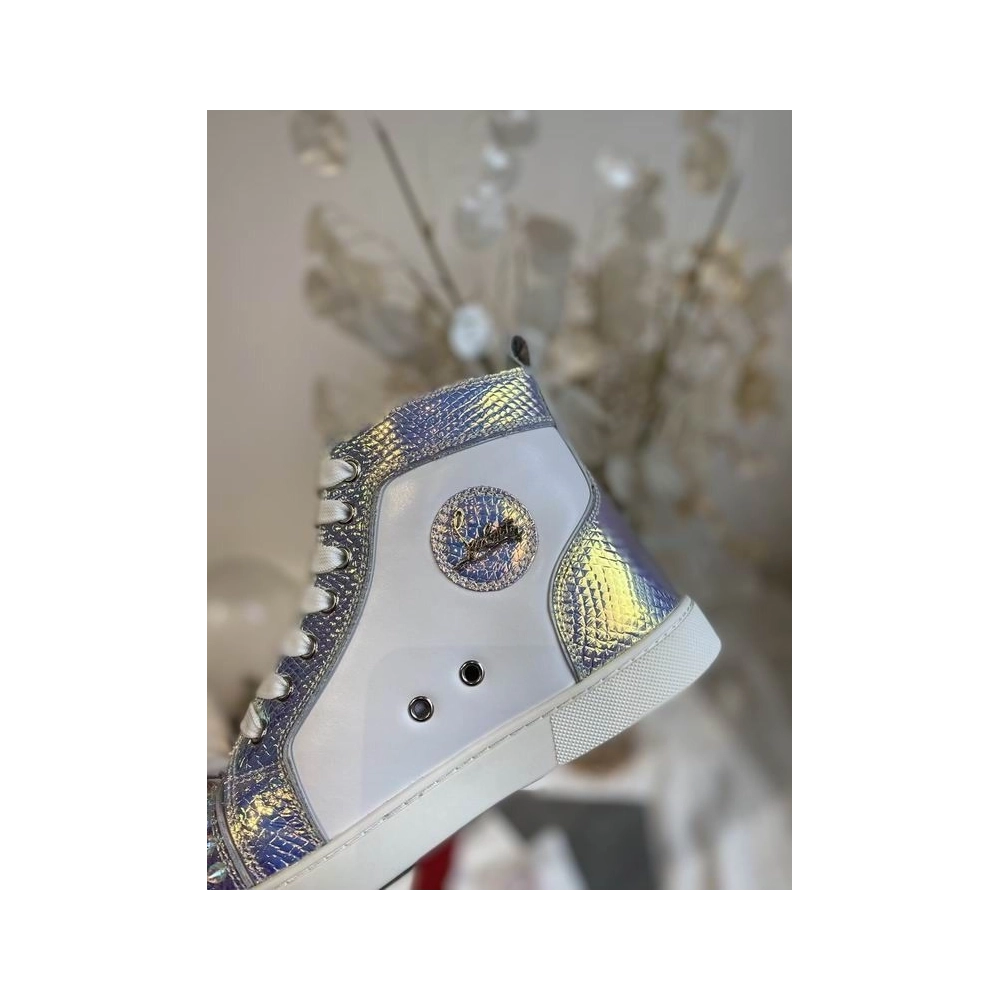 Fake Christian Louboutin Lou Spikes High-top Sneakers Metallic Leather White Silver