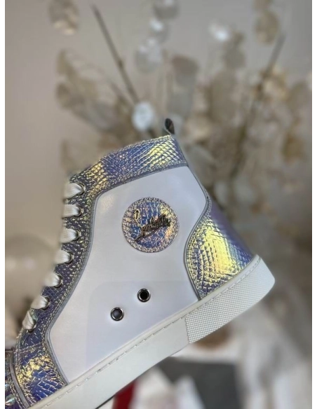 Fake Christian Louboutin Lou Spikes High-top Sneakers Metallic Leather White Silver
