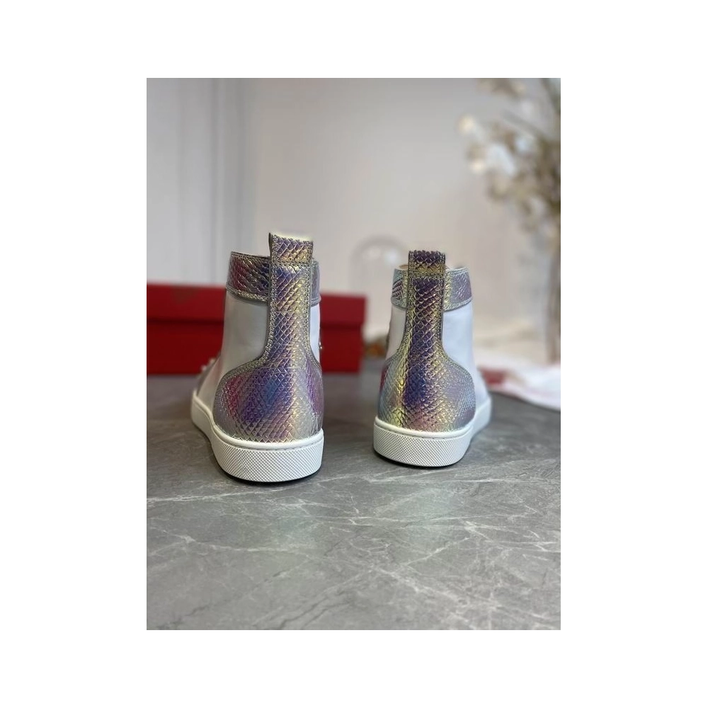 Fake Christian Louboutin Lou Spikes High-top Sneakers Metallic Leather White Silver