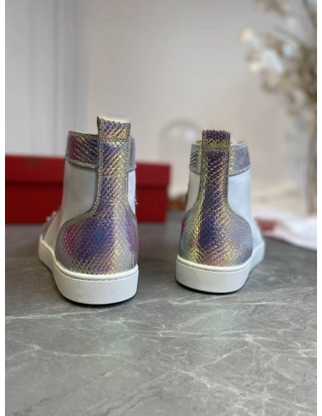 Fake Christian Louboutin Lou Spikes High-top Sneakers Metallic Leather White Silver