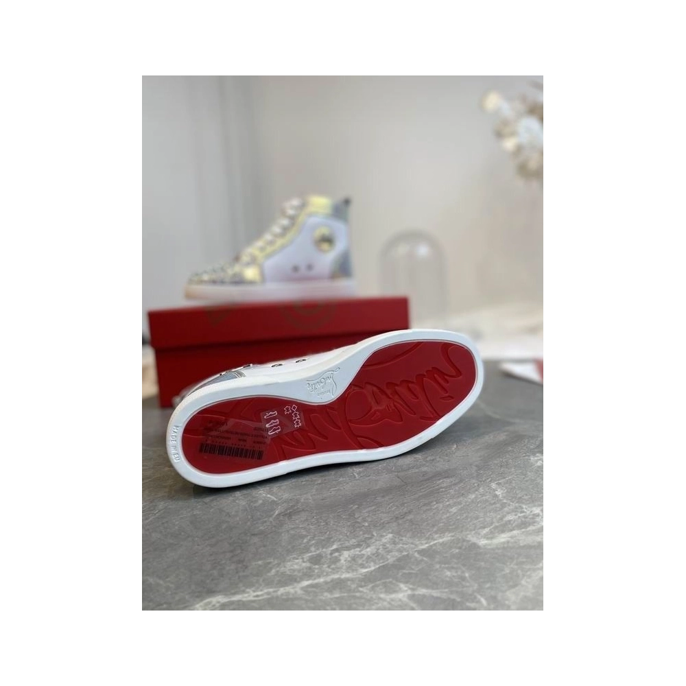 Fake Christian Louboutin Lou Spikes High-top Sneakers Metallic Leather White Silver