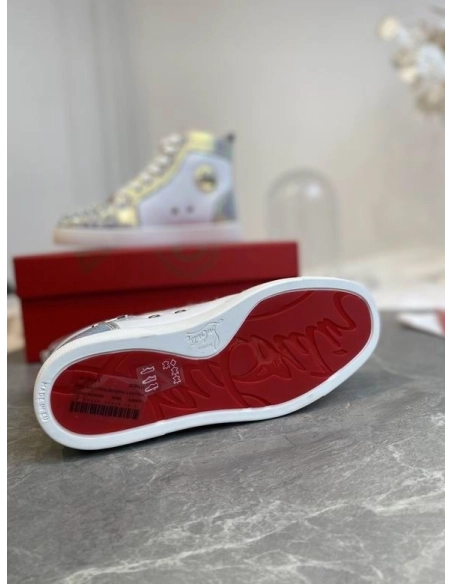 Fake Christian Louboutin Lou Spikes High-top Sneakers Metallic Leather White Silver