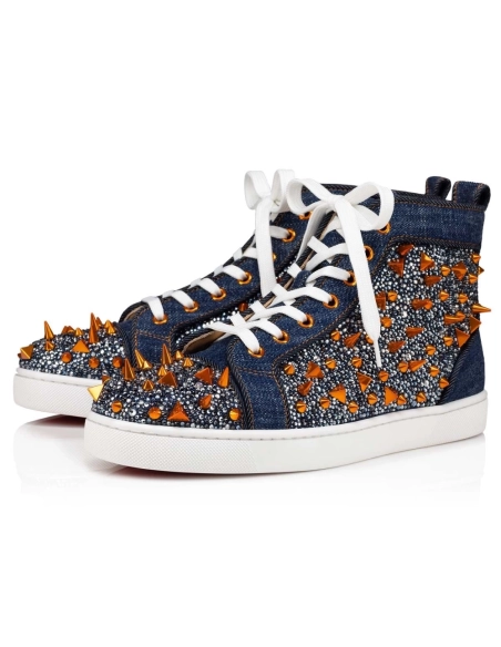 Discount Christian Louboutin Lou Pik Pik Strass High-Top Sneaker Blue Denim Outlet