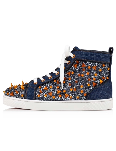 Discount Christian Louboutin Lou Pik Pik Strass High-Top Sneaker Blue Denim Outlet