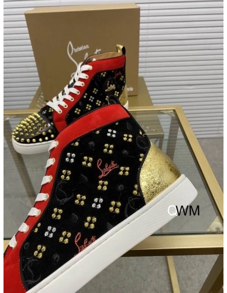 Replica Christian Louboutin Lou Spikes High Top Sneakers Suede and Leather Black