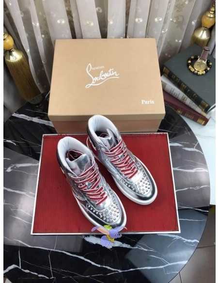Replica Christian Louboutin Top Rui Spikes High-top Sneakers Leather Silver