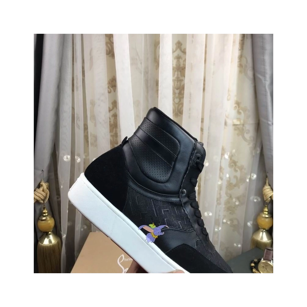 Cheap Christian Louboutin Top Rui High-top Leather Sneakers Black, Discount Christian Louboutin Outlet
