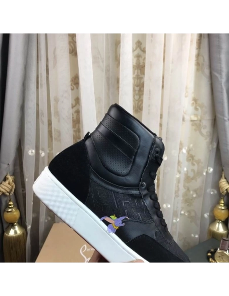 Cheap Christian Louboutin Top Rui High-top Leather Sneakers Black, Discount Christian Louboutin Outlet