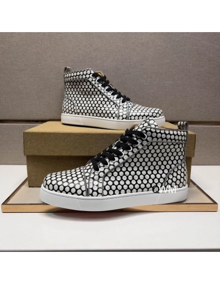 Replica Christian Louboutin Rantus Orlato Flat High-top Sneakers Polka Dots Black White