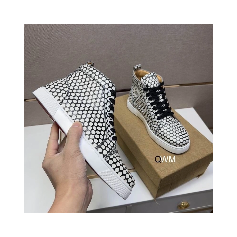 Replica Christian Louboutin Rantus Orlato Flat High-top Sneakers Polka Dots Black White
