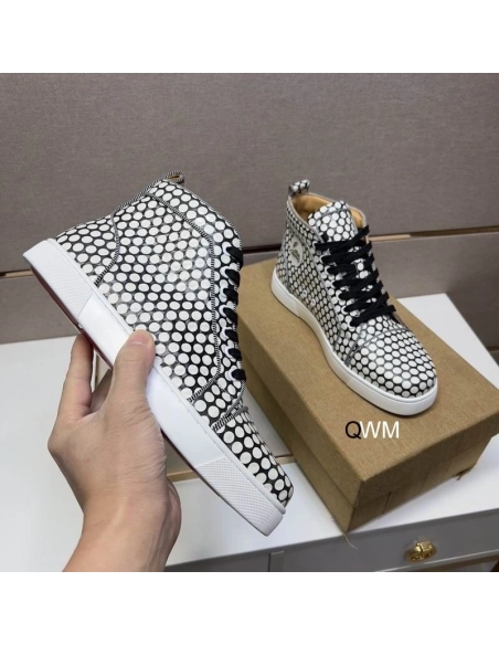 Replica Christian Louboutin Rantus Orlato Flat High-top Sneakers Polka Dots Black White