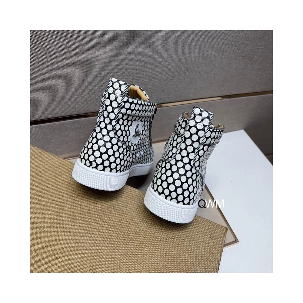 Replica Christian Louboutin Rantus Orlato Flat High-top Sneakers Polka Dots Black White