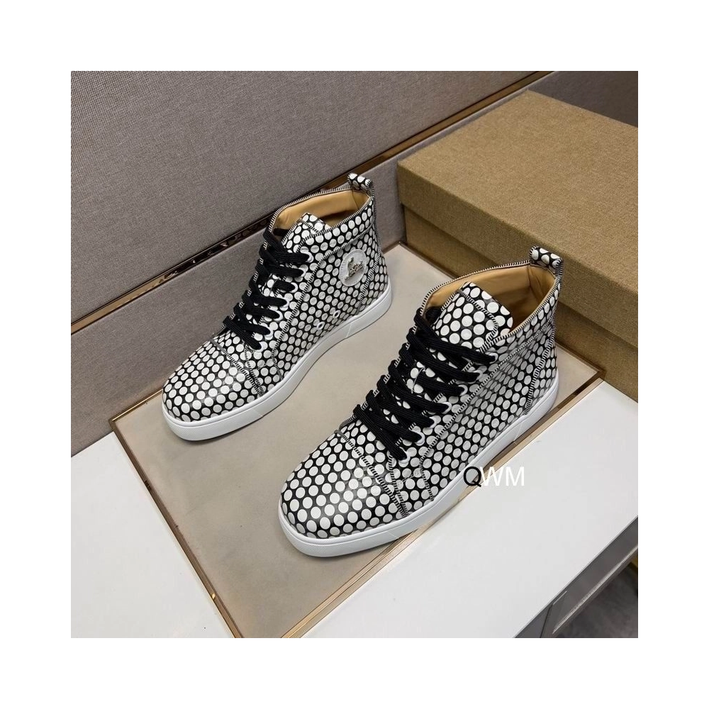 Replica Christian Louboutin Rantus Orlato Flat High-top Sneakers Polka Dots Black White
