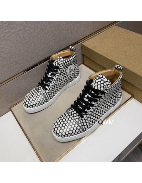 Replica Christian Louboutin Rantus Orlato Flat High-top Sneakers Polka Dots Black White