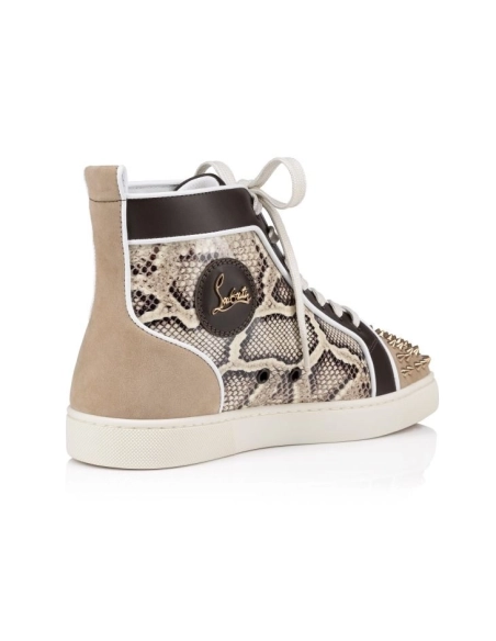 Replica Christian Louboutin Lou Spikes High-Top Sneakers Veau Velours Patent Calf Leather Snake Printed And Spikes Saharienne