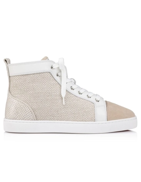 Replica Christian Louboutin Louis High-Top Sneakers Veau Velours Damier Canva And Calf Leather Natural