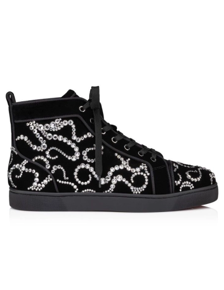 Replica Christian Louboutin Octolouis Strass High-Top Sneakers Velvet And Strass Black