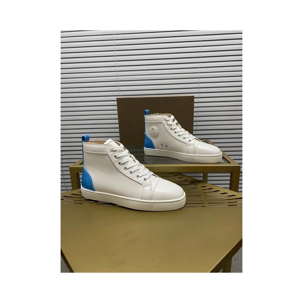 Fake Christian Louboutin Louis High-Top Sneaker Calf White Blue, Replica Christian Louboutin Shoes