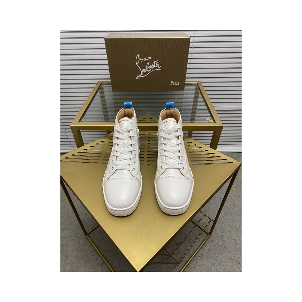 Fake Christian Louboutin Louis High-Top Sneaker Calf White Blue, Replica Christian Louboutin Shoes