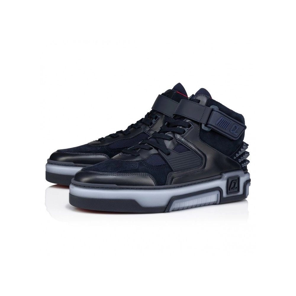 Replica Christian Louboutin Astroloubi Mid High-Top Sneakers Calf Leather Suede And Rubber Navy, Fake CL Shoes