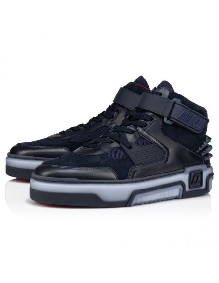 Replica Christian Louboutin Astroloubi Mid High-Top Sneakers Calf Leather Suede And Rubber Navy, Fake CL Shoes