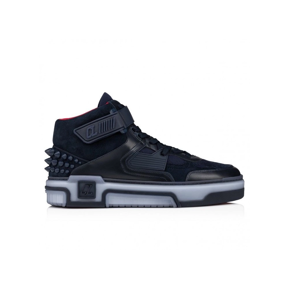 Replica Christian Louboutin Astroloubi Mid High-Top Sneakers Calf Leather Suede And Rubber Navy, Fake CL Shoes