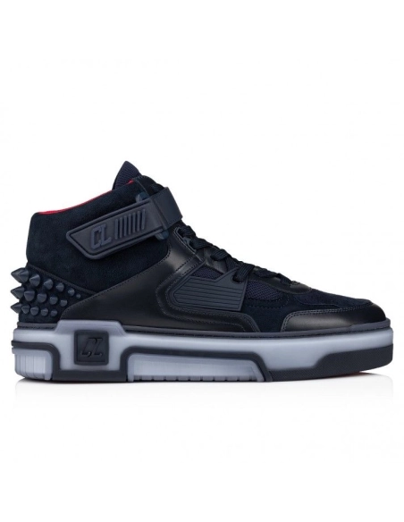 Replica Christian Louboutin Astroloubi Mid High-Top Sneakers Calf Leather Suede And Rubber Navy, Fake CL Shoes