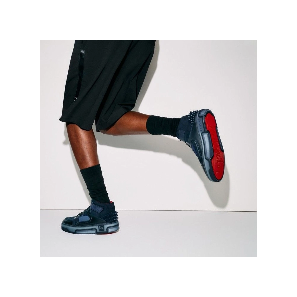 Replica Christian Louboutin Astroloubi Mid High-Top Sneakers Calf Leather Suede And Rubber Navy, Fake CL Shoes