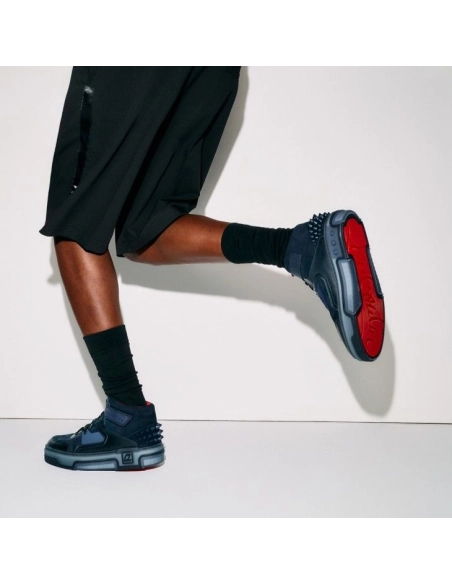 Replica Christian Louboutin Astroloubi Mid High-Top Sneakers Calf Leather Suede And Rubber Navy, Fake CL Shoes