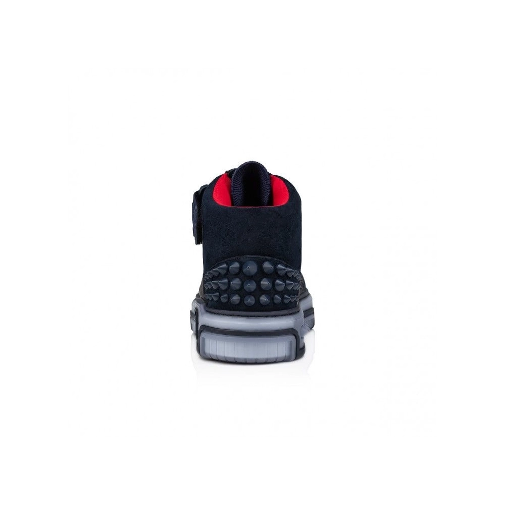 Replica Christian Louboutin Astroloubi Mid High-Top Sneakers Calf Leather Suede And Rubber Navy, Fake CL Shoes