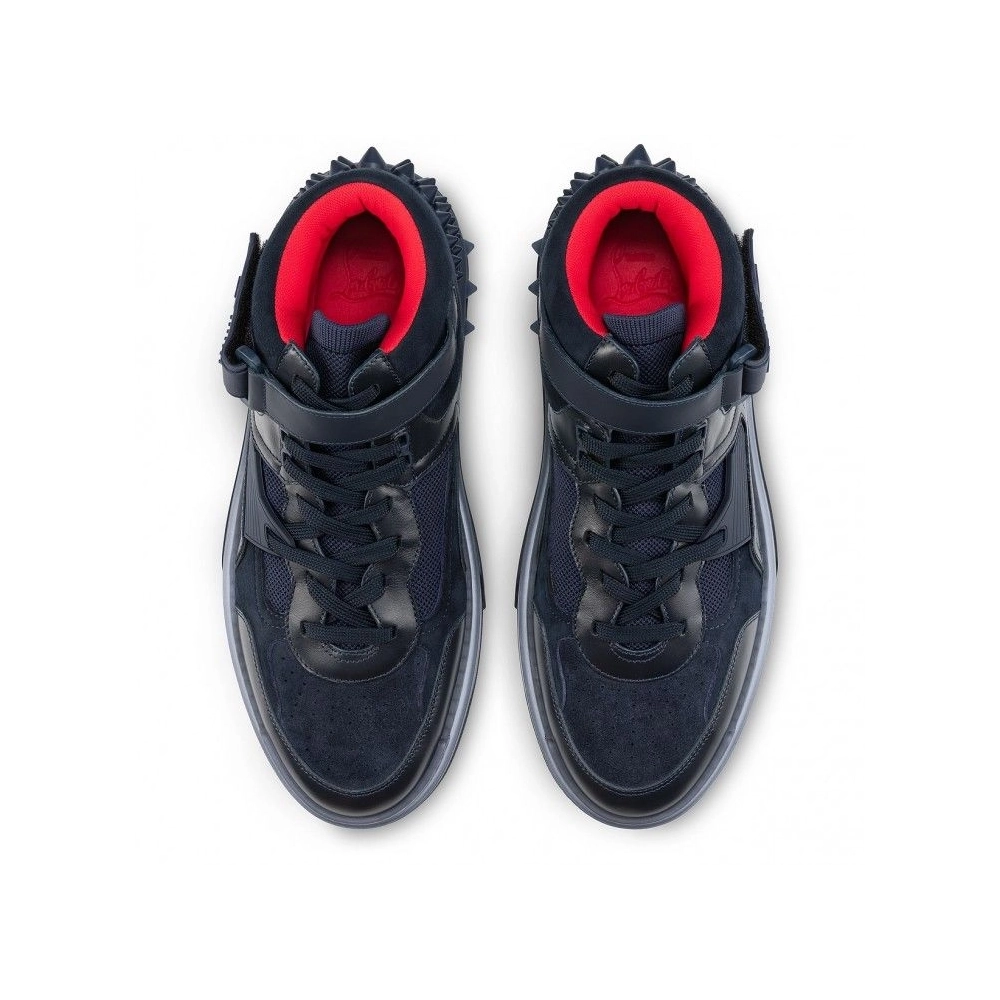 Replica Christian Louboutin Astroloubi Mid High-Top Sneakers Calf Leather Suede And Rubber Navy, Fake CL Shoes