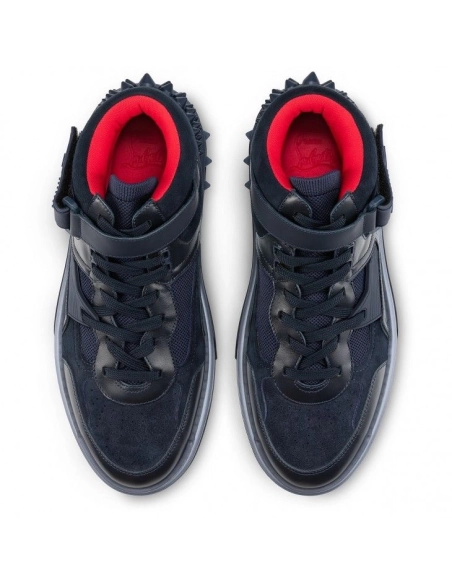 Replica Christian Louboutin Astroloubi Mid High-Top Sneakers Calf Leather Suede And Rubber Navy, Fake CL Shoes