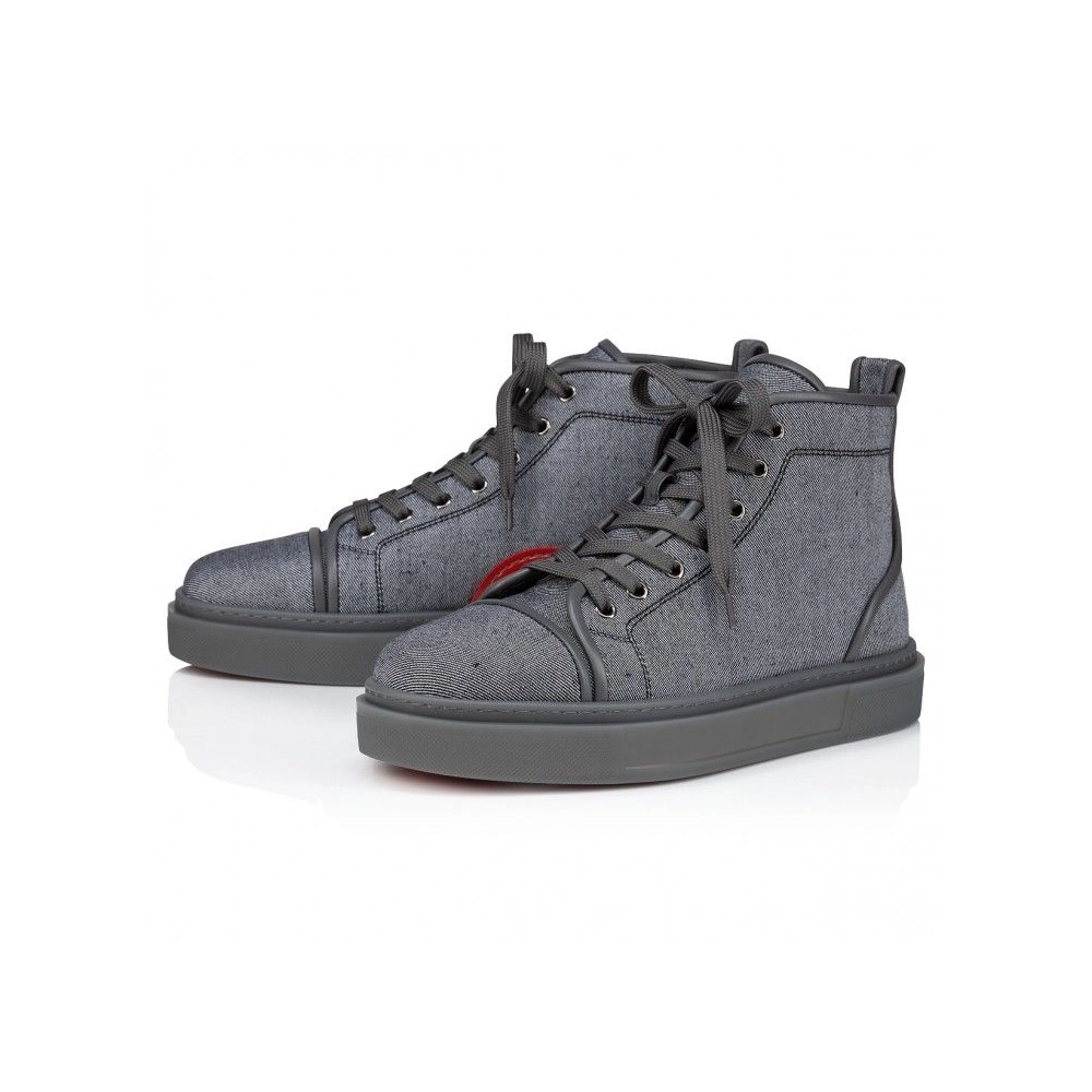 Discount Christian Louboutin Adolon High-Top Sneakers Linen And Calf Leather Smoky Outlet Sale, Cheap CL Shoes