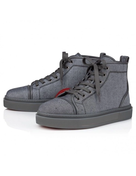 Discount Christian Louboutin Adolon High-Top Sneakers Linen And Calf Leather Smoky Outlet Sale, Cheap CL Shoes