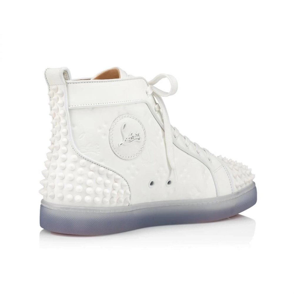 Cheap Christian Louboutin Lou Spikes 2 Sneaker High-Top Embossed Calfskin White, Discount CL Shoes Outlet Store