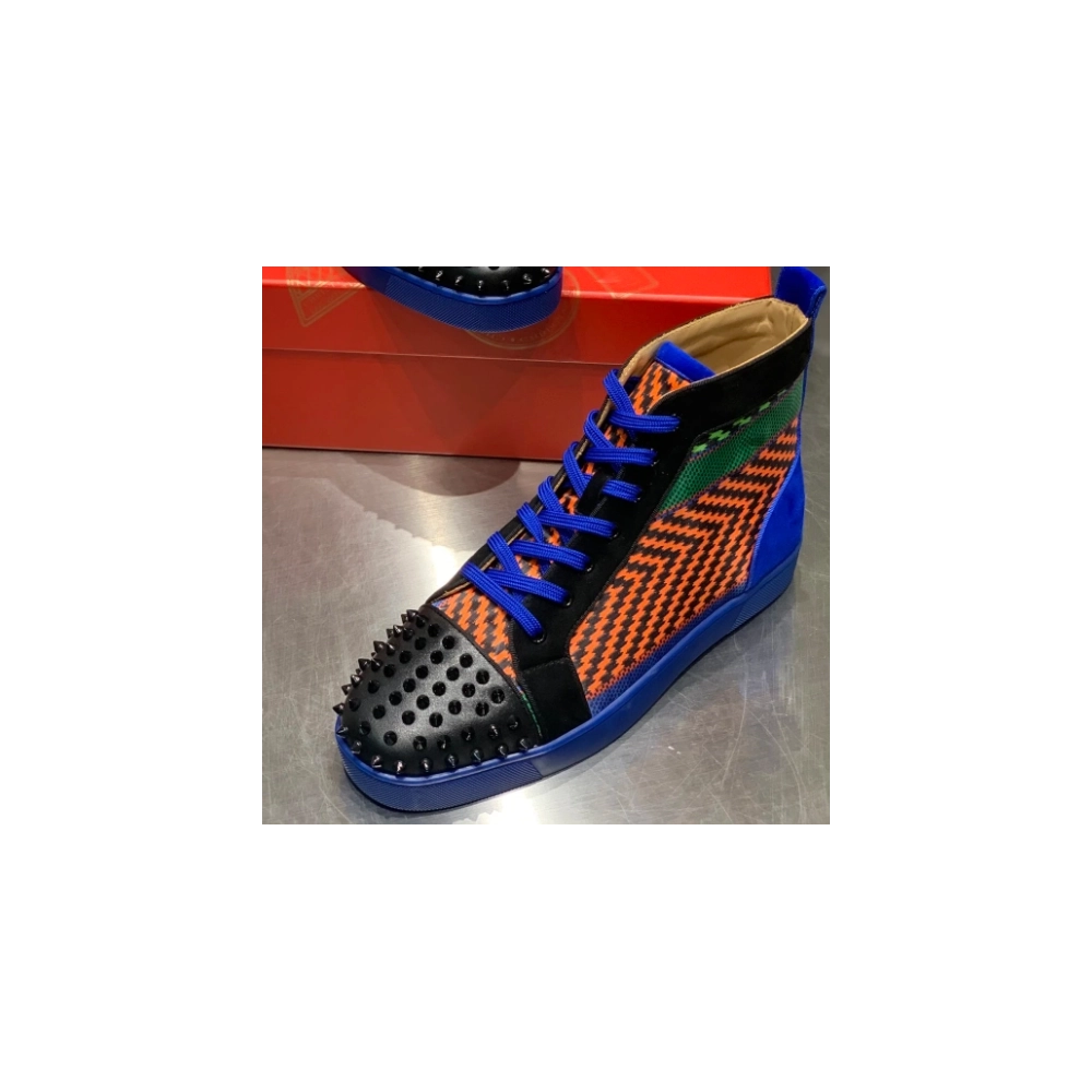 Cheap Christian Louboutin Men Louis Spikes Flat High-Top Sneakers Black Blue, Discount Christian Louboutin Shoes Outlet Online