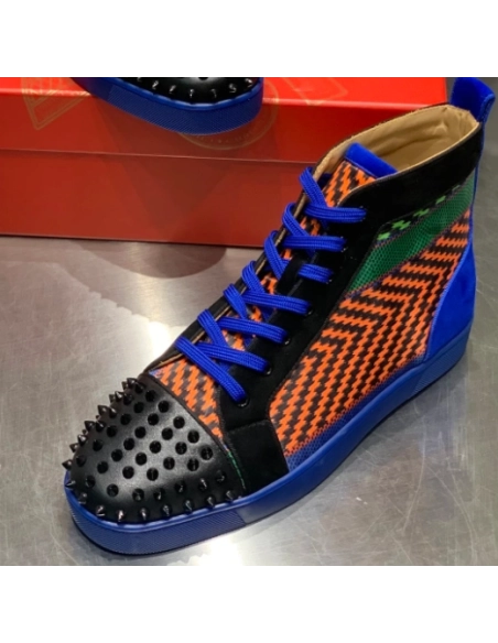 Cheap Christian Louboutin Men Louis Spikes Flat High-Top Sneakers Black Blue, Discount Christian Louboutin Shoes Outlet Online