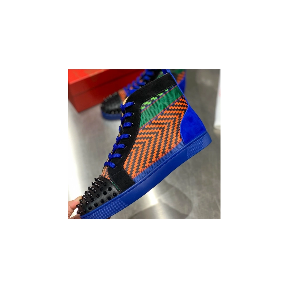 Cheap Christian Louboutin Men Louis Spikes Flat High-Top Sneakers Black Blue, Discount Christian Louboutin Shoes Outlet Online
