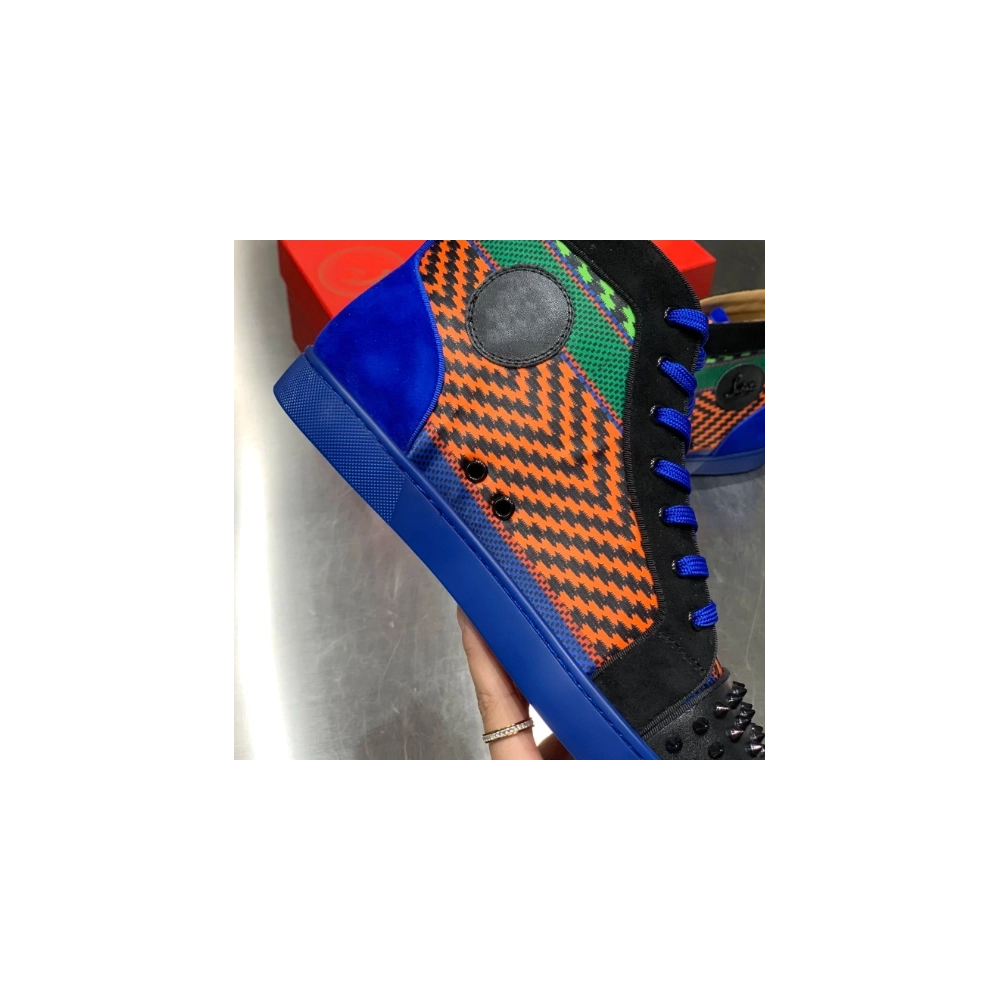 Cheap Christian Louboutin Men Louis Spikes Flat High-Top Sneakers Black Blue, Discount Christian Louboutin Shoes Outlet Online