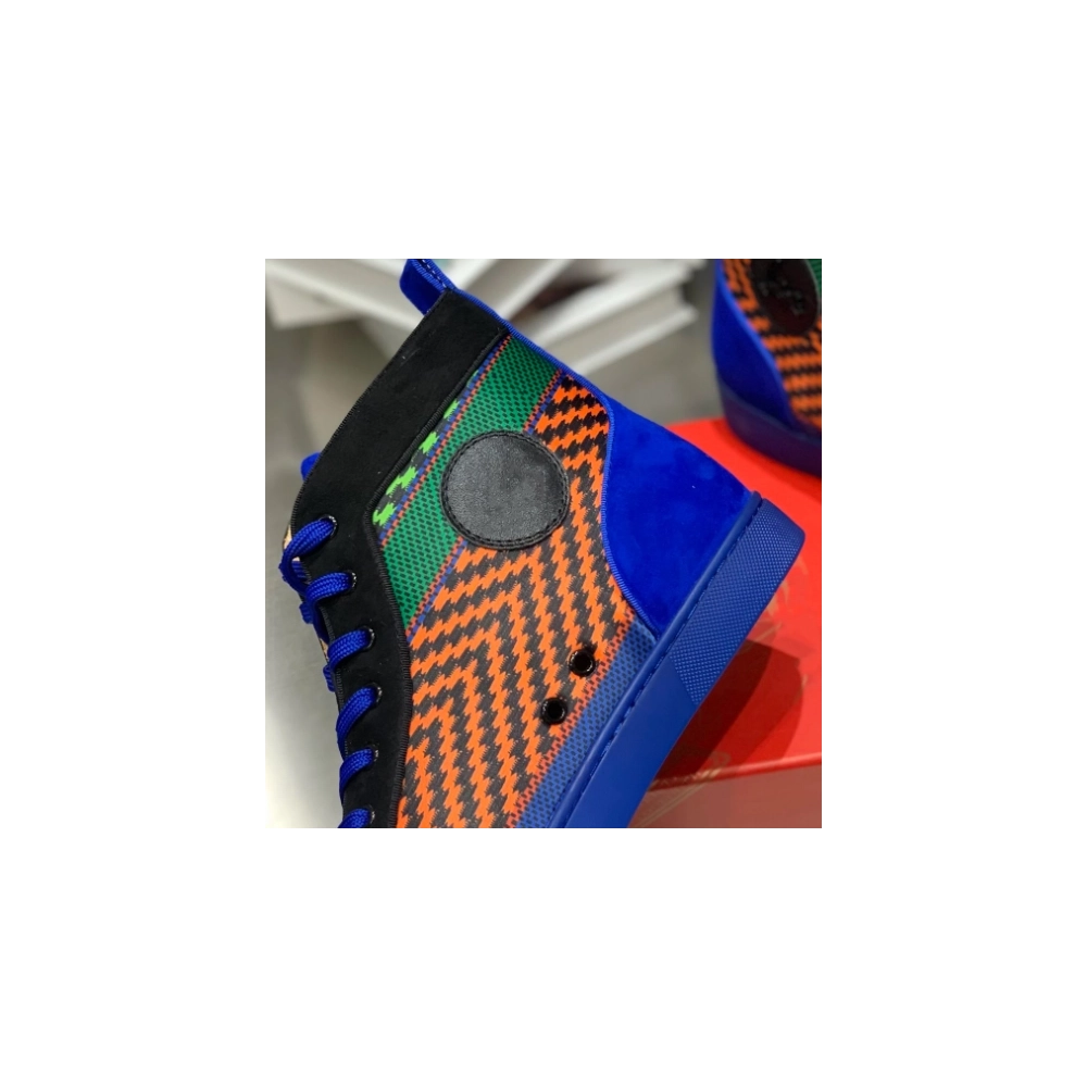 Cheap Christian Louboutin Men Louis Spikes Flat High-Top Sneakers Black Blue, Discount Christian Louboutin Shoes Outlet Online