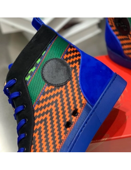 Cheap Christian Louboutin Men Louis Spikes Flat High-Top Sneakers Black Blue, Discount Christian Louboutin Shoes Outlet Online