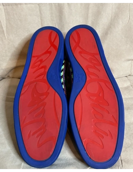 Cheap Christian Louboutin Men Louis Spikes Flat High-Top Sneakers Black Blue, Discount Christian Louboutin Shoes Outlet Online