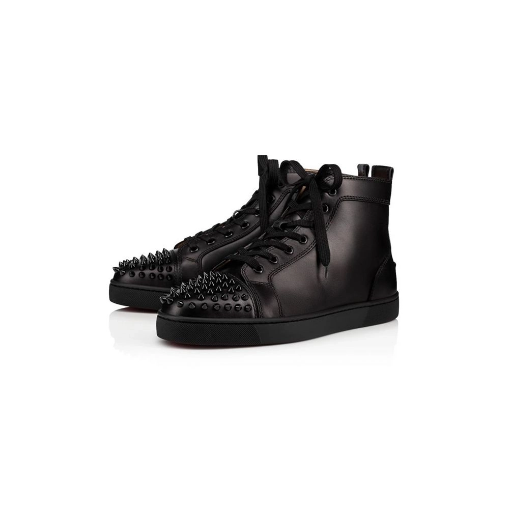 cheap Christian Louboutin High-top Louis Spikes Black black bk Calf Sneaker sale