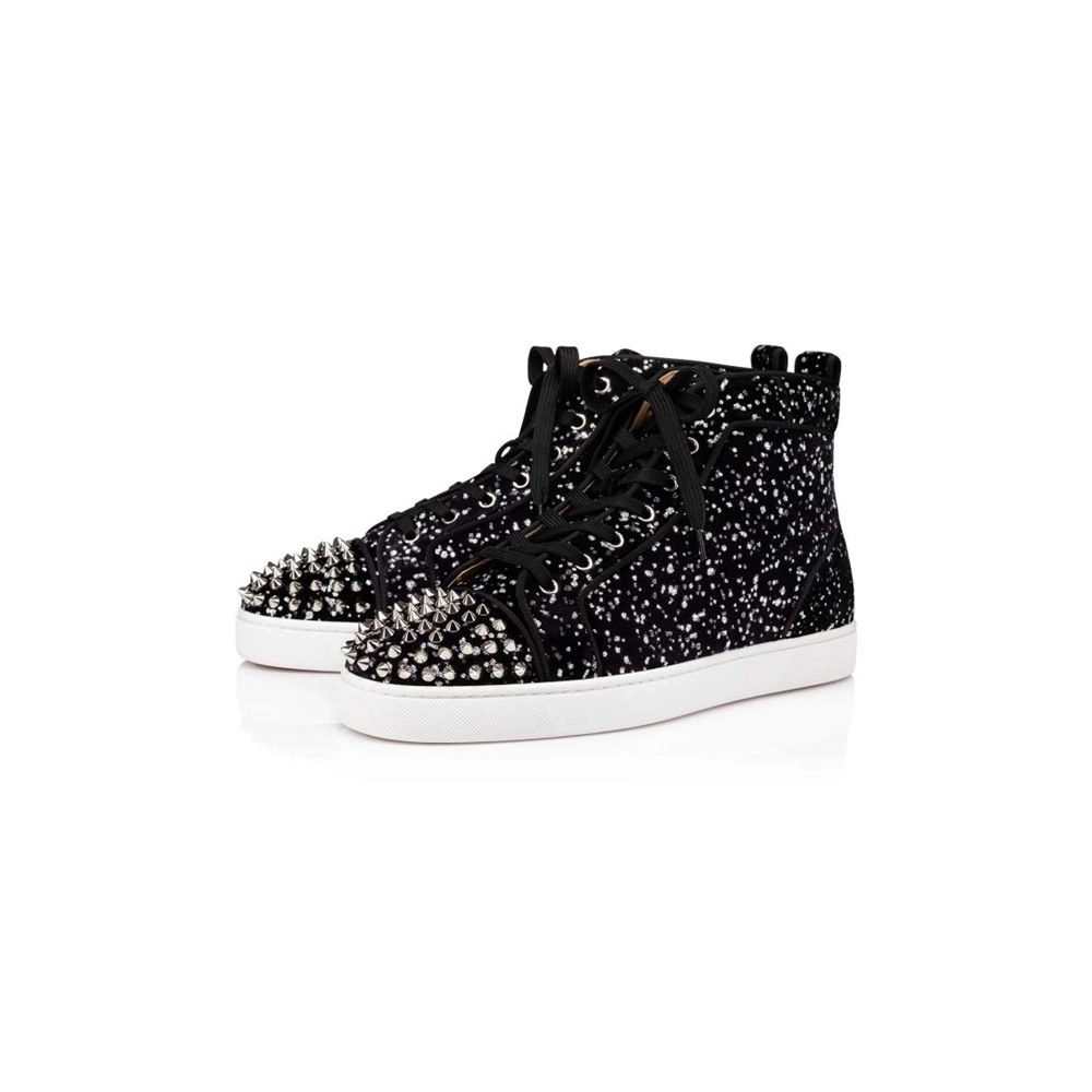 cheap Christian Louboutin High-top Lou Spikes Orlato Black silver Velvet sale