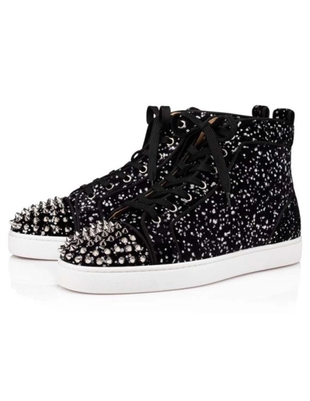 cheap Christian Louboutin High-top Lou Spikes Orlato Black silver Velvet sale