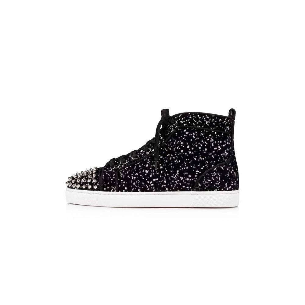 cheap Christian Louboutin High-top Lou Spikes Orlato Black silver Velvet sale
