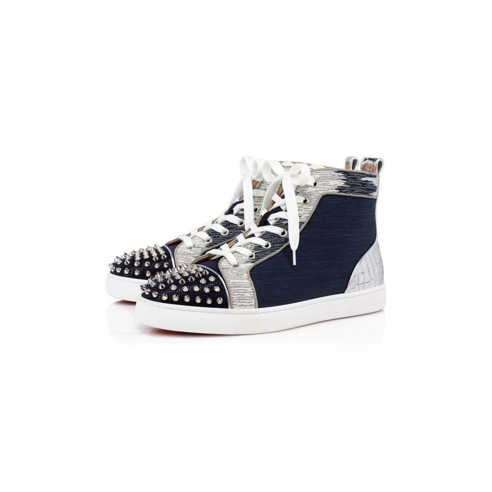 cheap Christian Louboutin High Top Lou Spikes Orlato Version Marine Suede Leather sale