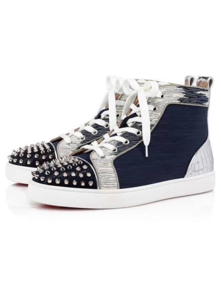 cheap Christian Louboutin High Top Lou Spikes Orlato Version Marine Suede Leather sale