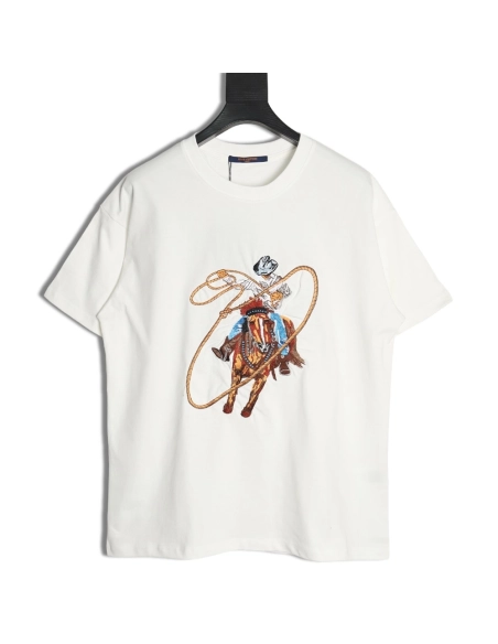 Louis Vuitton Western Denim Embroidered Short Sleeve TShirt,cheap Louis Vuitton